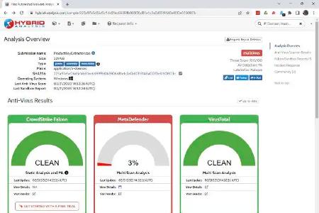Hybrid Analysis, eine Online-Sandbox, dokumentiert das Verhalten verdächtiger Programme mit Screenshots. Da der Service kostenlos ist, ist er jedoch häufig überlastet und reagiert dann nur sehr langsam.