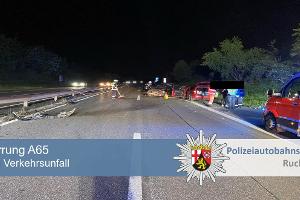 Polizeiautobahnstation Ruchheim - Verkehrsunfall auf der A65 Richtung Ludwigshafen bei Dannstadt-Schauernheim. Kurzzeitige Vollsperrung
