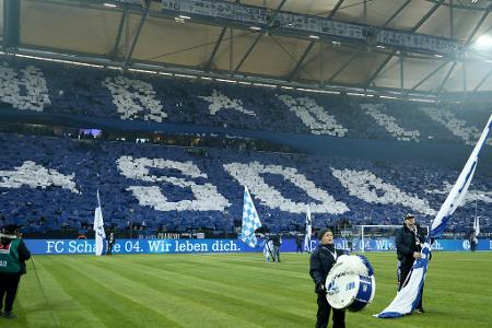Bundesliga: FC Schalke 04 - Hertha BSC - Schalke-Fans zeigen vor dem Spiel gegen den Hauptstadtklub aus Berlin eine kurvenfüllende Choreografie. Der Schriftzug 'S04' ist auf königsblauem Untergrund zu sehen. Um das Gesamtbild abzurunden, wurde der Übergang von Ober- zu Unterrang mit Stoff abgedeckt.
