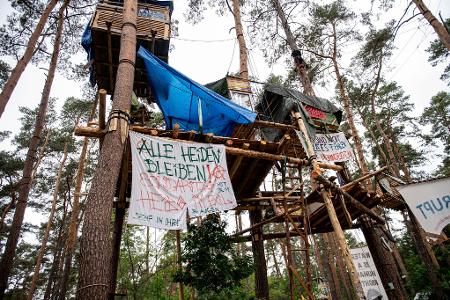 Mit Baumhäusern und Bannern protestieren Mitglieder der Initiative 