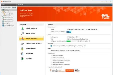 Hinter dem Menüpunkt „E-Mails exportieren“ in Mailstore Home finden Sie die Umzugsfunktion. Damit können Sie die zuvor lokal gesicherten Nachrichten aus dem alten Postfach auf den Server des neuen Anbieters hochladen.