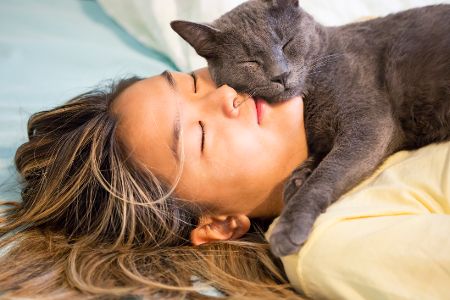katze liegt auf frau