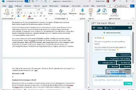 GPT for Excel Word öffnet eine Seitenleiste mit einem Eingabefeld für ChatGPT und bietet verschiedene Bearbeitungsbefehle für den Prompt zur Auswahl. Leider ist die Software nur in englischer Sprache verfügbar.