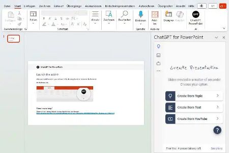 ChatGPT for PowerPoint erstellt Präsentationen basierend auf einem Thema, einem Text oder sogar einem YouTube-Video. Die Präsentationen können bis zu sieben Folien umfassen.