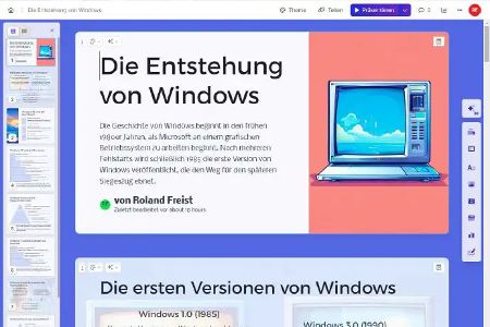 Das Online-KI-Tool Gamma erstellt innerhalb weniger Sekunden ansprechende Präsentationen, bei denen Sie im Nachhinein einzelne Elemente wie Gliederung, Schriftarten, Texte und Bilder anpassen können.