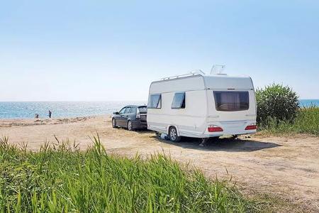 Wohnwagen, Strand, Gespann Wohnwagen, Strand, Gespann