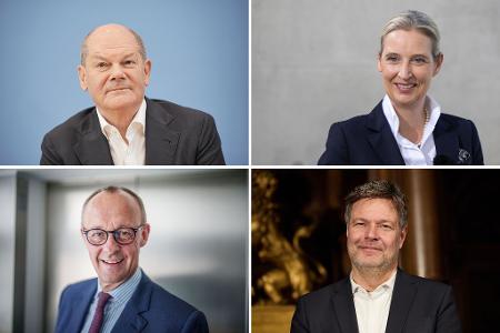Olaf Scholz (SPD), Alice Weidel (AfD), Friedrich Merz (CDU), Robert Habeck (Bündnis 90/Die Grünen) - Kanzlerkandidaten ihrer Parteien bei der Bundestagswahl. (Archivbild) Olaf Scholz (SPD), Alice Weidel (AfD), Friedrich Merz (CDU), Robert Habeck (Bündnis 90/Die Grünen) - Kanzlerkandidaten ihrer Parteien bei der Bundestagswahl. (Archivbild)
