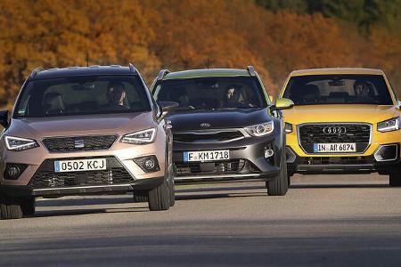 Audi Q2 1.0 TFSI Sport, Kia Stonic 1.0 T-GDI Spirit, Seat Arona 1.0 TSI Xcellence, Exterieur Audi Q2 1.0 TFSI Sport, Kia Stonic 1.0 T-GDI Spirit, Seat Arona 1.0 TSI Xcellence, Exterieur