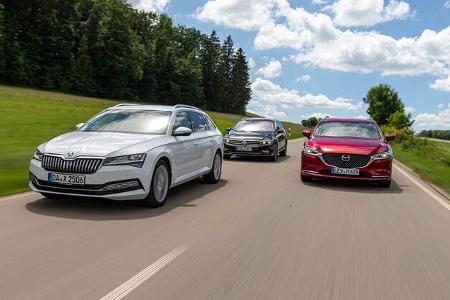 Mazda 6 Kombi D 184 Sports-Line, Skoda Superb Combi 2.0 TDI Style, VW Passat Variant 2.0 TDI Elegance, Exterieur Mazda 6 Kombi D 184 Sports-Line, Skoda Superb Combi 2.0 TDI Style, VW Passat Variant 2.0 TDI Elegance, Exterieur