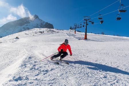 Auf Skiern die Piste hinunter: Dabei wirkt ein Vielfaches des Körpergewichts auf die Gelenke ein. Auf Skiern die Piste hinunter: Dabei wirkt ein Vielfaches des Körpergewichts auf die Gelenke ein.