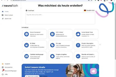 Neuroflash wurde mit deutschsprachigen Inhalten trainiert und stellt auf der Startseite verschiedene Dokumentvorlagen bereit, die erstellt und mit Text gefüllt werden können.