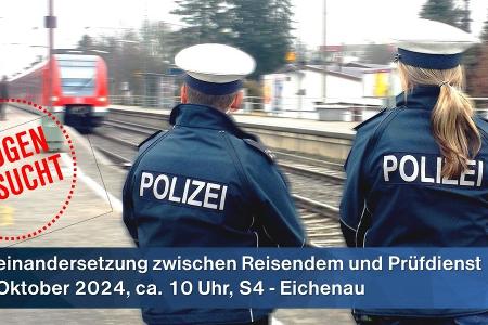 Die Bundespolizei München sucht nach Zeugen und Videoaufnahmen einer wechselseitigen Körperverletzung nach einer Fahrscheinkontrolle in einer S4 bzw. am Haltepunkt Eichenau, Lkr. Fürstenfeldbruck. Die Bundespolizei München sucht nach Zeugen und Videoaufnahmen einer wechselseitigen Körperverletzung nach einer Fahrscheinkontrolle in einer S4 bzw. am Haltepunkt Eichenau, Lkr. Fürstenfeldbruck.