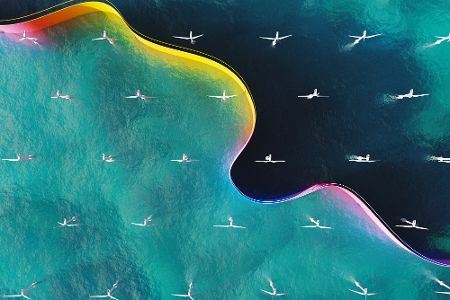 Digitale Offshorewindkraftanlagen in einer Ansicht von oben mit Strömungsbewegungen