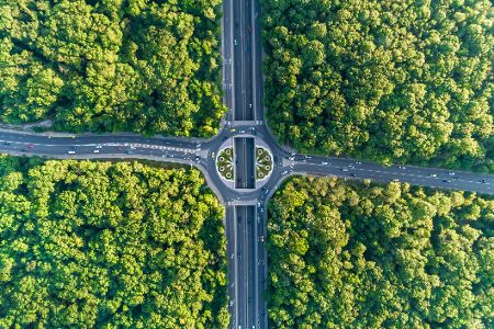 Blick auf eine Straßenkreuzung im Park von oben