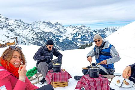 Berge, Schnee, Reisegruppe, Essen, Aussicht, Himmel