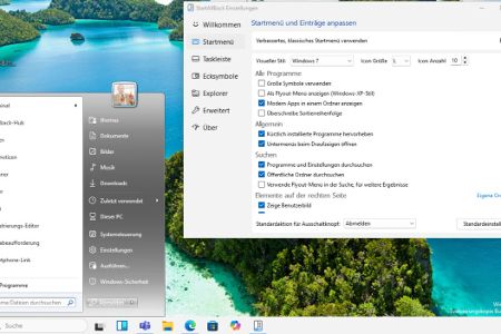 Das Bild zeigt StartAllBack unter Windows 11 mit einem klassischen Startmenü im Windows-7-Stil. In den Einstellungen sind u. a. Suchfunktionen, große Symbole und Flyout-Menüs aktiviert.