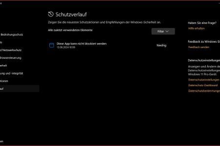 Schutzverlauf: Übersicht über die neuesten Schutzaktionen und Empfehlungen der Windows-Sicherheit.