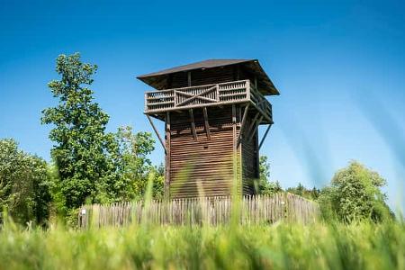Holzturm in einer Wiese