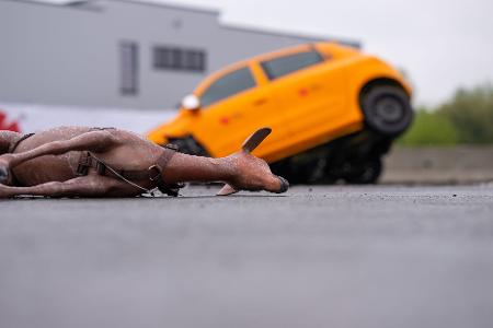 Das Reh, in diesem Fall ein Nachbau, hätte den Aufprall wahrscheinlich nicht überlebt. Der Autofahrer würde wohl schwer verletzt überleben. 