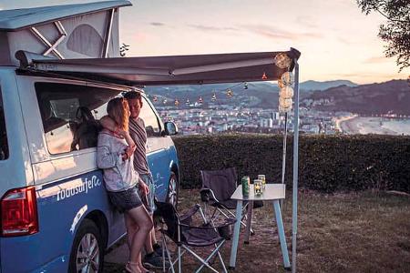 Markise, Campervan, Pärchen, Panorama, Camping, Idylle, Sonnenuntergang