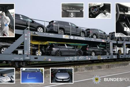 Die Fotomontage zeigt den Autozug, eine Bundespolizistin der Kriminaltechnik in der Tatortarbeit sowie mehrere Beschädigungen an Neufahrzeugen Die Fotomontage zeigt den Autozug, eine Bundespolizistin der Kriminaltechnik in der Tatortarbeit sowie mehrere Beschädigungen an Neufahrzeugen