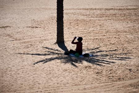 Schattenspiel: Ein Mann nutzt den Schatten einer Palme, während er an einem heißen Tag am Strand von Barcelona Wasser trinkt.
