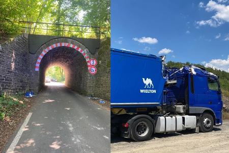 Die betroffene Bahnunterführung und der Unfall-Lkw Die betroffene Bahnunterführung und der Unfall-Lkw