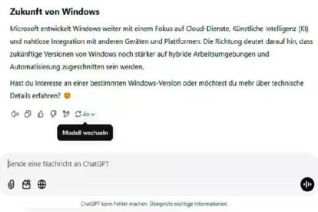 Mit einem Klick auf „Modell wechseln“ kannst Du Deine Anfrage direkt als Internetsuche fortsetzen und bekommst aktuelle Ergebnisse.