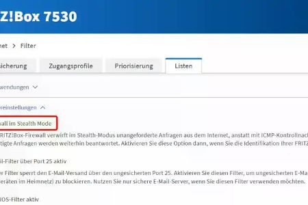 Mit dem „Stealth Mode“ der Fritz!Box kannst Du Hackern das Leben schwerer machen. Ist der Modus aktiviert, reagiert Dein Router nämlich nicht auf Ping-Anfragen, was die Auffindbarkeit erschwert.