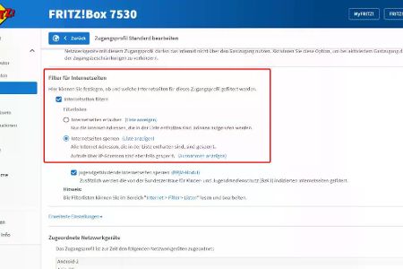 Du musst im Profil eines Nutzers die Option „Internetseiten filtern“ aktivieren, um diesen den Zugriff auf die gesperrten Websites zu verweigern.