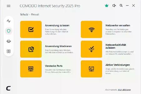 Mit der leistungsstarken Firewall von Comodo kannst Du Computer im Netzwerk verstecken, mit dem Internet verbundene Anwendungen anzeigen lassen sowie bestimmte Apps blockieren. Leider lässt sich die Firewall nicht separat, sondern nur mit der Antivirus-Software installieren.