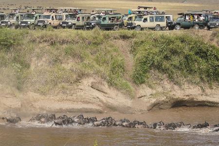 Touristen versammeln sich in der Nähe des Mara-Flusses im Masai Mara Nationalreservat, um die alljährliche Wanderung von rund 1,5 Millionen Gnus zu beobachten.
