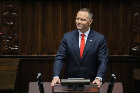 Polens neuer Präsident Karol Nawrocki während seiner Antrittsrede. (Foto aktuell)