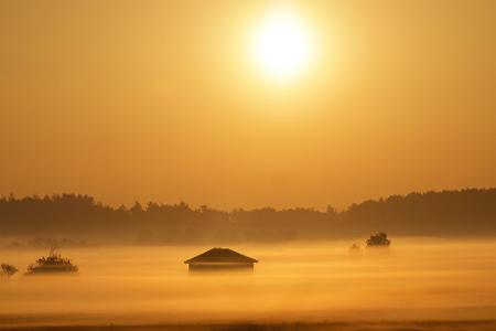 Die aufgehende Sonne färbt den Nebel rund um eine Holzscheune in Bad Buchau gelb ein.