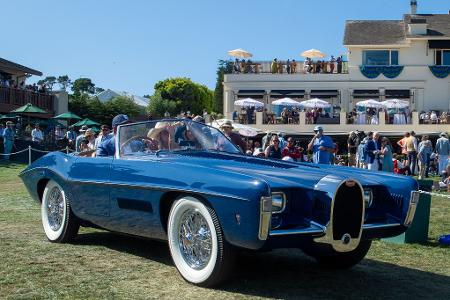 Star-Autodesigner Virgil Exner baute seine Vision von einem Bugatti-Cabrio 1963 auf einem gut ein Jahrzehnt alten Chassis der traditionsreichen Marke auf. Es blieb bei einem Exemplar.