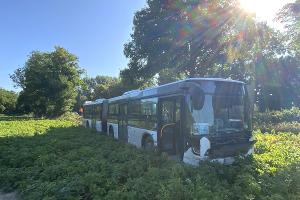 Der verunfallte Bus im Feld