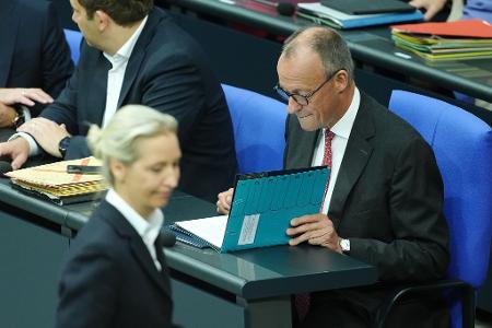 Generaldebatte zum Haushalt 2025 im Bundestag - Weidel und Kanzler Merz