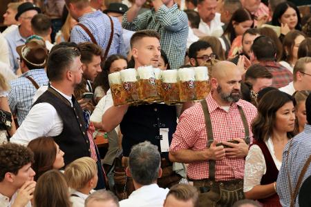 Eine Bedienung schleppt Maßkrüge durch ein Wiesn-Festzelt.