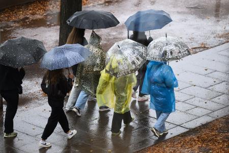 Es wird Regen geben! Jugendliche halten Schirme bei Regenwetter in Dresden.