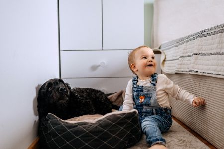 Baby sitzt vor einem Schrank neben einem Hundekörbchen mit einem Hund