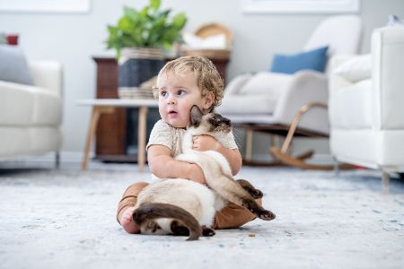 Baby sitzt auf dem Wohnzimmerfußboden und umarmt eine Katze