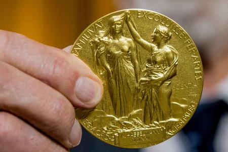 Die Rückseite der Nobel-Medaille für Physik stellt die Natur in Form einer Göttin dar, die ein Füllhorn hält. Der Schleier, der ihr Gesicht bedeckt, wird vom Genie der Wissenschaft hochgehalten. (Archivbild)