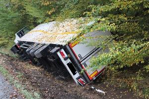 Der Lkw kam nach rechts von der Fahrbahn ab und rutsche in den Graben. 
Foto: Polizei Minden-Lübbecke