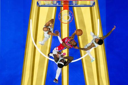 Die Bilder des Tages Tyrese Maxey (M) von den Philadelphia 76ers in Aktion.