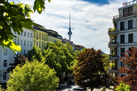 Blick durch Bäume und Häuser auf den Berliner Fernsehturm
