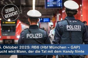 Die Münchner Bundespolizei sucht nach einem Zeugen, der am 4./5. Oktober 2025 eine tätliche Auseinandersetzung in der RB6 (München-Garmisch) mit seinem Smartphone aufgenommen und das Video in Tutzing Polizeibeamten gezeigt hatte.
