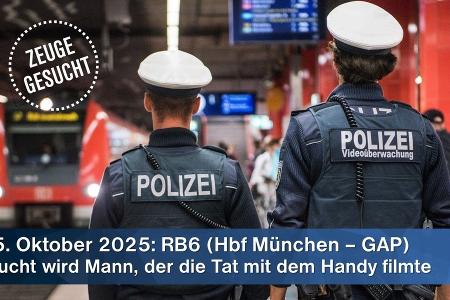 Die Münchner Bundespolizei sucht nach einem Zeugen, der am 4./5. Oktober 2025 eine tätliche Auseinandersetzung in der RB6 (München-Garmisch) mit seinem Smartphone aufgenommen und das Video in Tutzing Polizeibeamten gezeigt hatte.