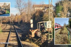 Ein Bagger kam in der Nähe des Bahnhofes Tutzing bei Grünschnittarbeiten von seinem Weg ab, durchbrach einen Maschendrahtzaun und und rutsche nahe neben das Gleis.