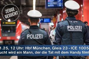 Nach einem tätlichen Angriff gegen eine Zugbegleiterin am 6. November sucht die Bundespolizei u.a. nach Zeugen, insbesondere nach einem Mann, der die Tat mit einem Smartphone gefilmt haben soll.