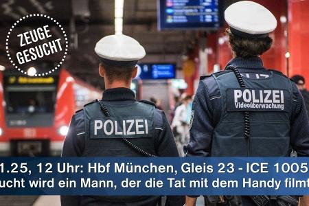 Nach einem tätlichen Angriff gegen eine Zugbegleiterin am 6. November sucht die Bundespolizei u.a. nach Zeugen, insbesondere nach einem Mann, der die Tat mit einem Smartphone gefilmt haben soll.